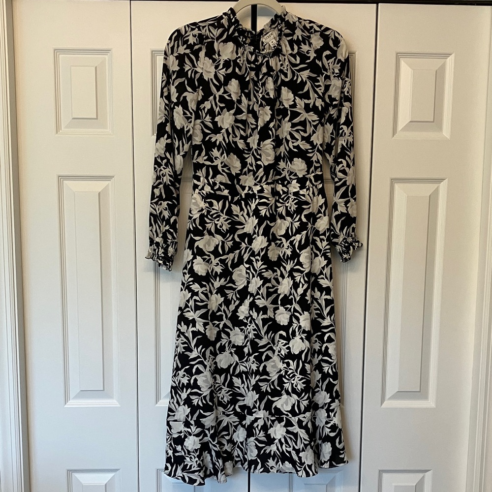 J. Crew Black and White Floral Long Sleeve Dress